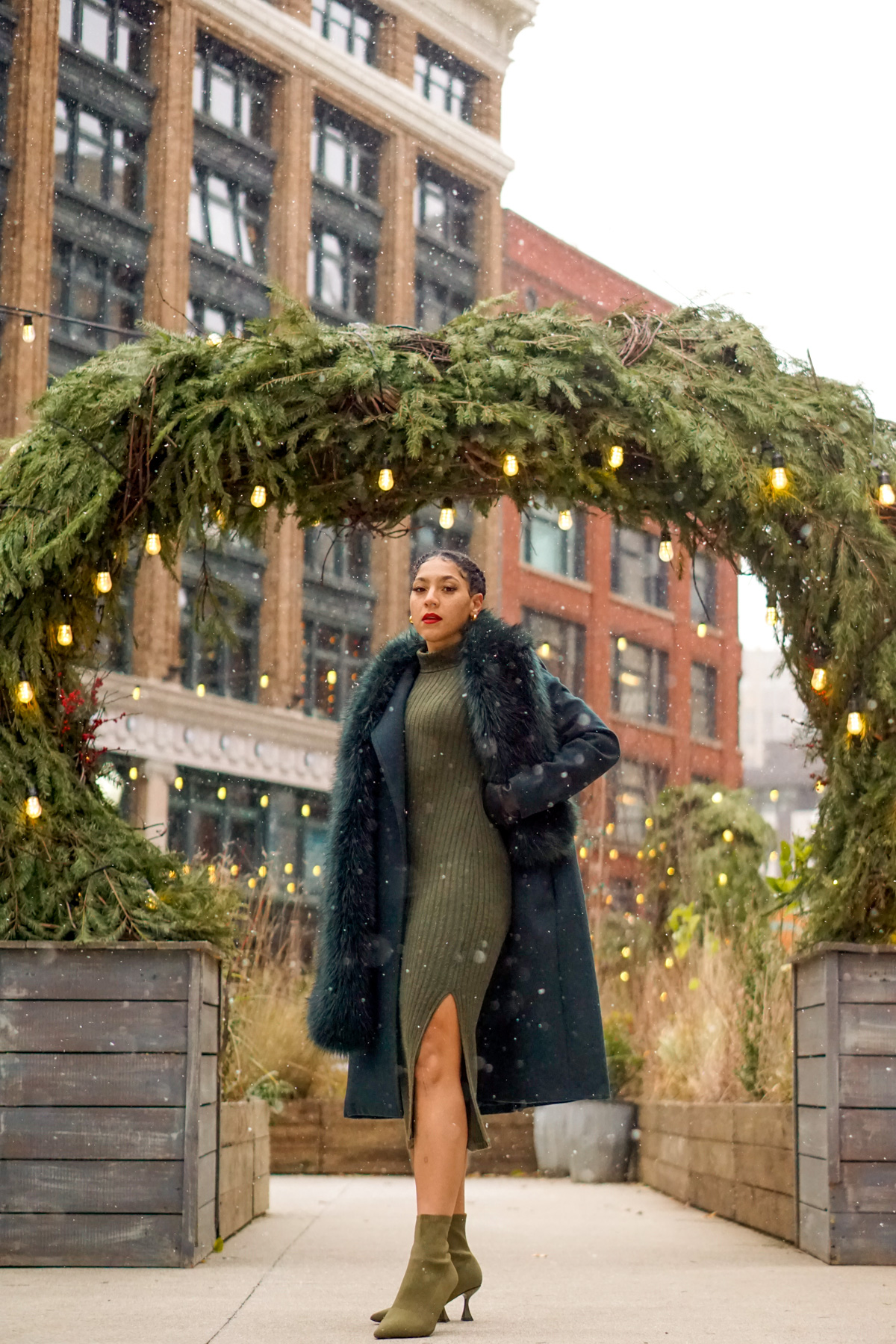 chic Christmas outfit idea for pear shaped women, black fashion blogger style outfits, Christmas holiday party outfit, green outfit ideas